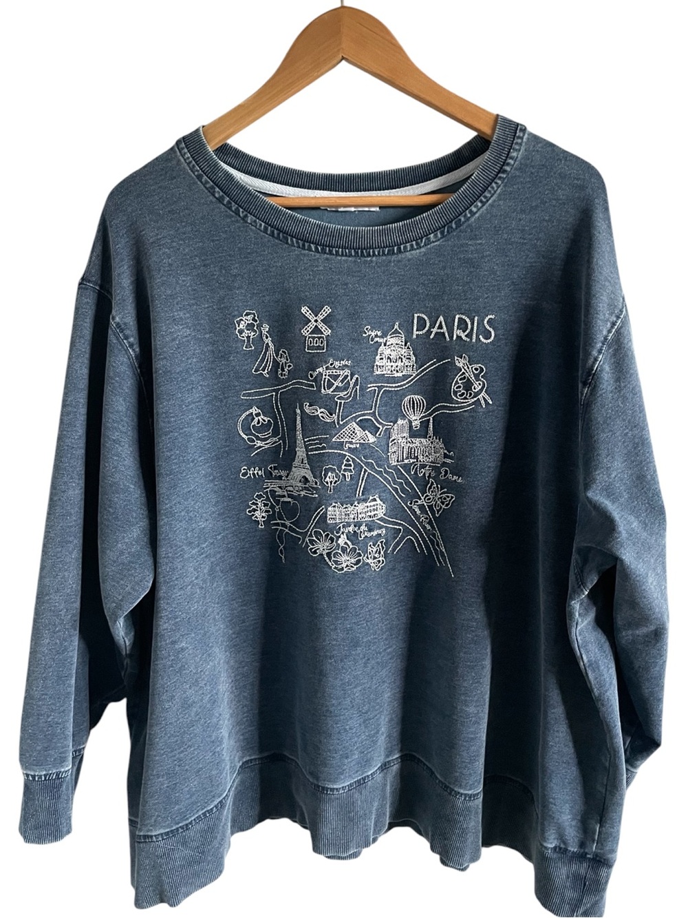 Jane + Delancey Embroidered Paris Map Crew Sweatshirt Soft Cozy Blue 3X - Picture 2 of 9